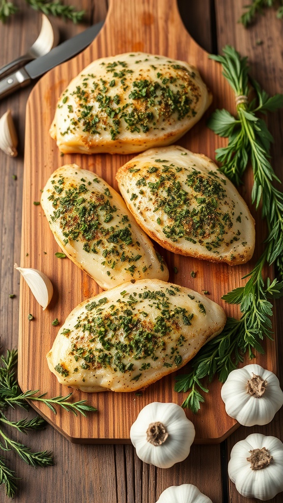 Herb-crusted chicken breasts on a wooden cutting board with garlic and herbs