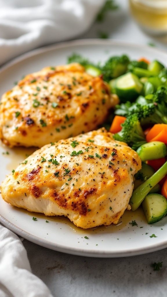 A plate of herb-crusted chicken thighs served with vegetables.