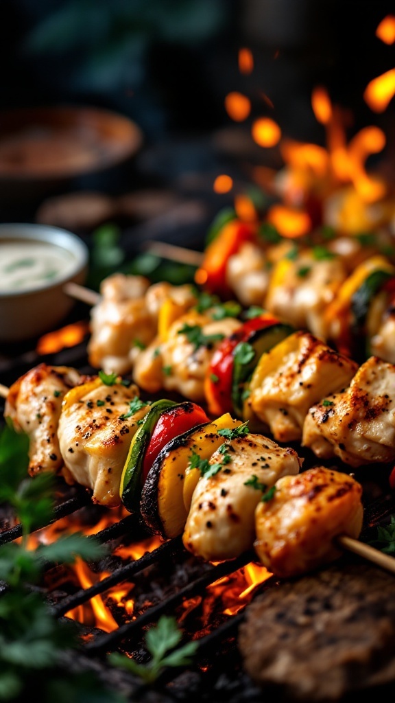Delicious herbed chicken and vegetable skewers grilling on an outdoor barbecue.