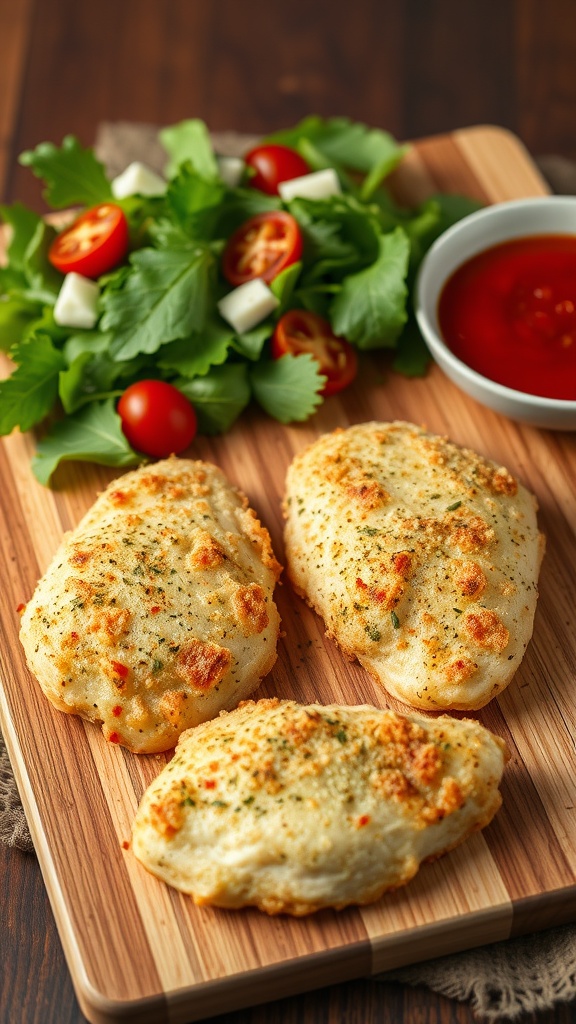 Herbed Parmesan Crusted Chicken Breasts with salad and dipping sauce
