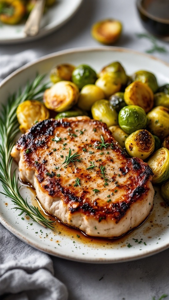 Herbed pork chops served with roasted Brussels sprouts