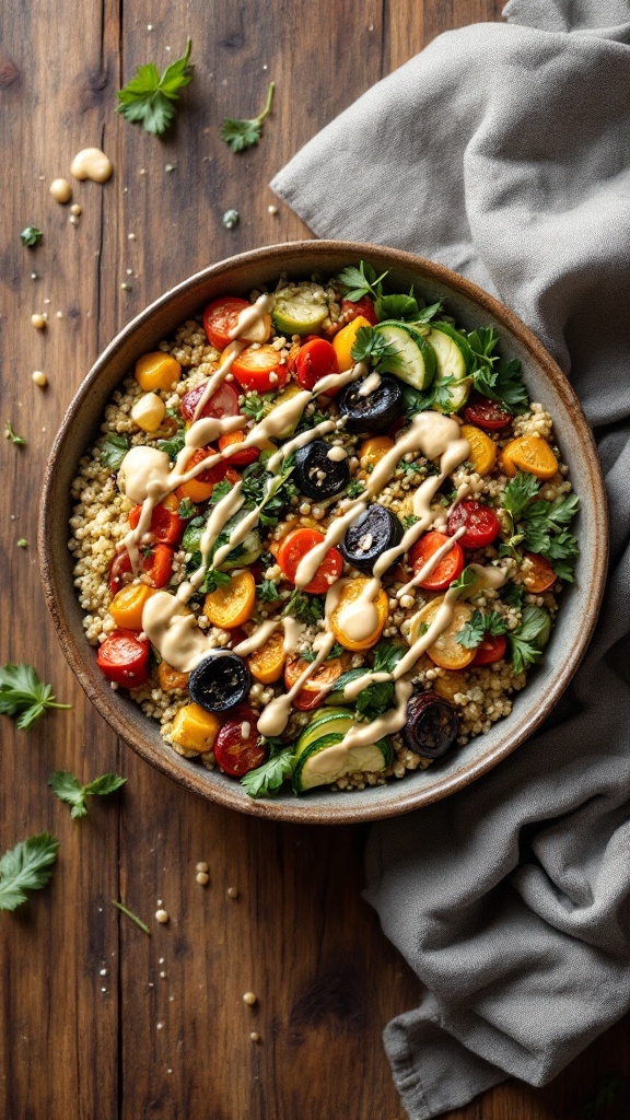 Delicious herbed quinoa bowl with roasted vegetables and a drizzle of sauce.