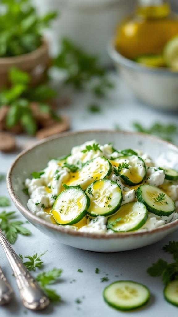 A bowl of Herbed Yogurt Cucumber Salad with sliced cucumbers and herbs