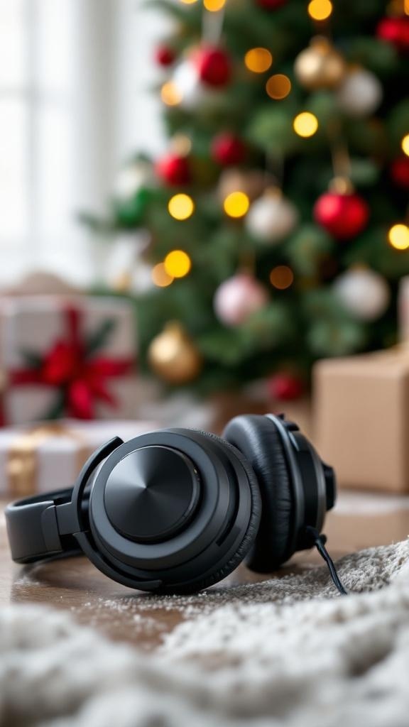 A pair of high-quality headphones in front of a Christmas tree with decorations and gifts.