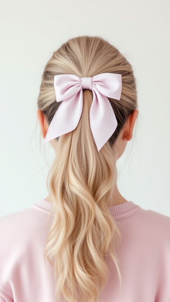 A high ponytail hairstyle featuring a soft pink bow.