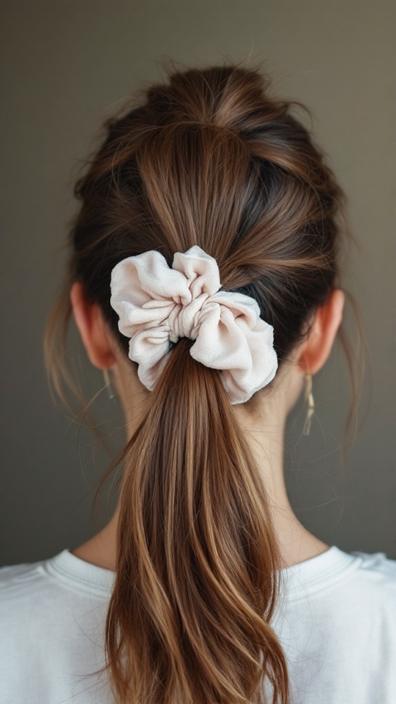 A high ponytail secured with a light-colored scrunchie viewed from the back.