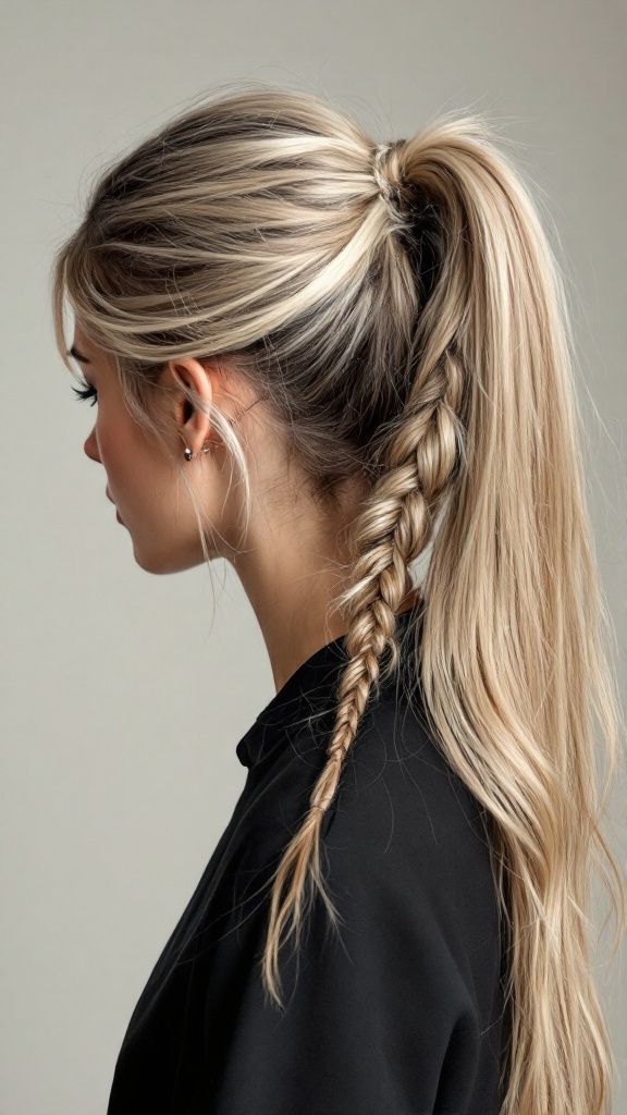 A woman with a high ponytail and a side braid, showcasing a stylish hairstyle.