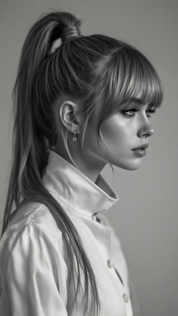 A stylish high ponytail with asymmetrical bangs on a model