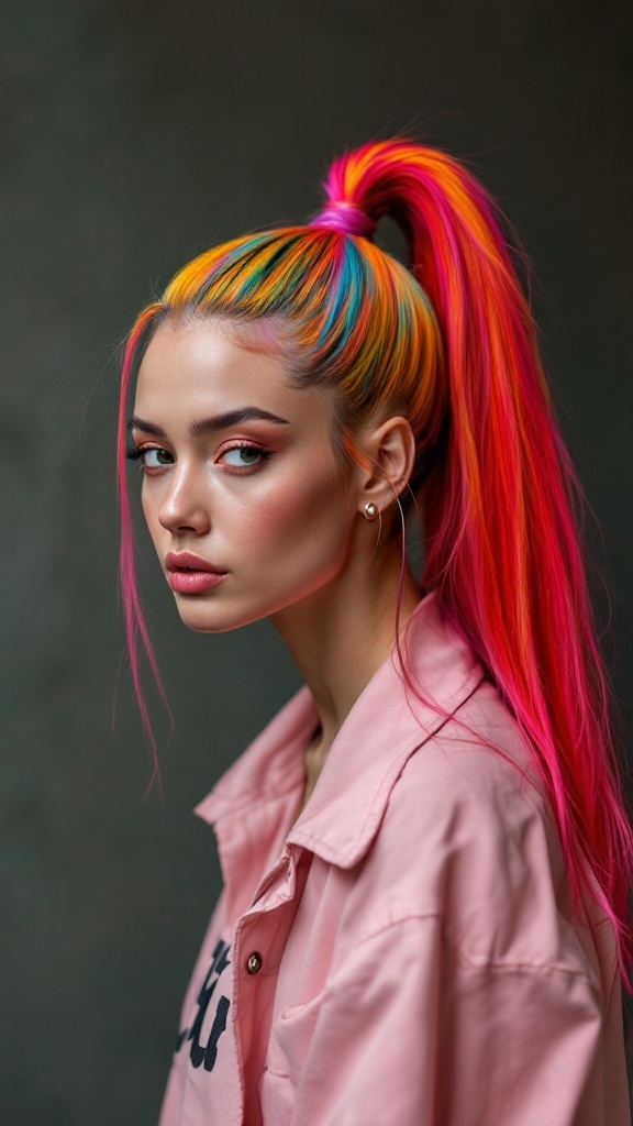 A stylish woman with a high ponytail featuring vibrant hair colors including pink, blue, and yellow.