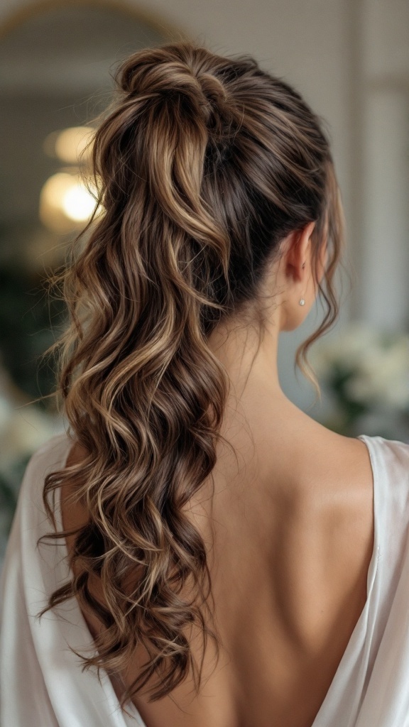A woman with a high ponytail featuring curled ends, showcasing a polished and stylish look.
