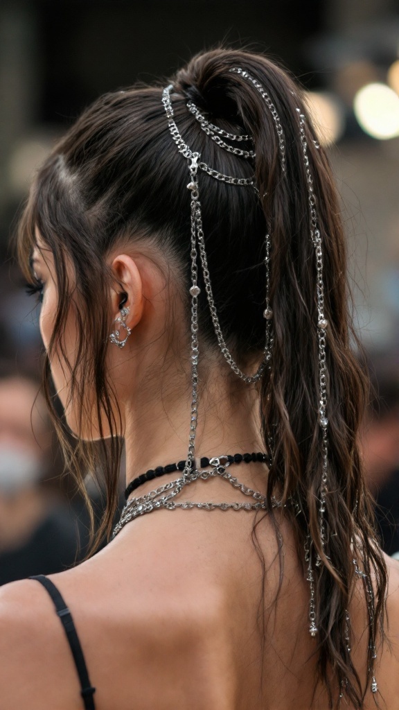 A sleek high ponytail adorned with dainty hair chains.