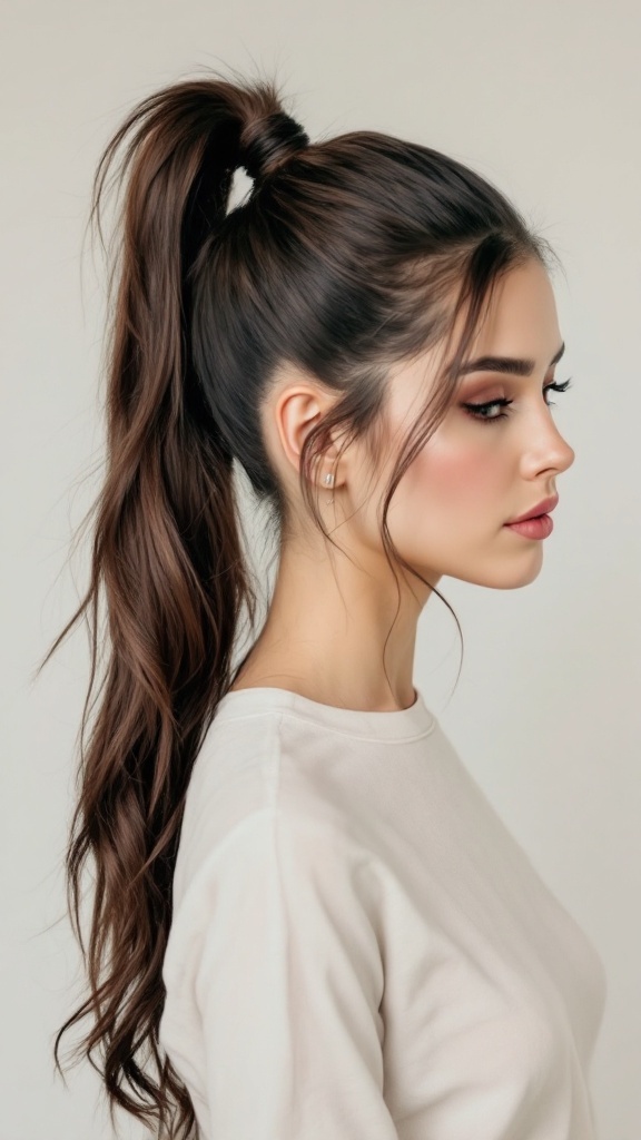 A woman with a high ponytail and face-framing layers, showcasing a stylish and elegant hairstyle.