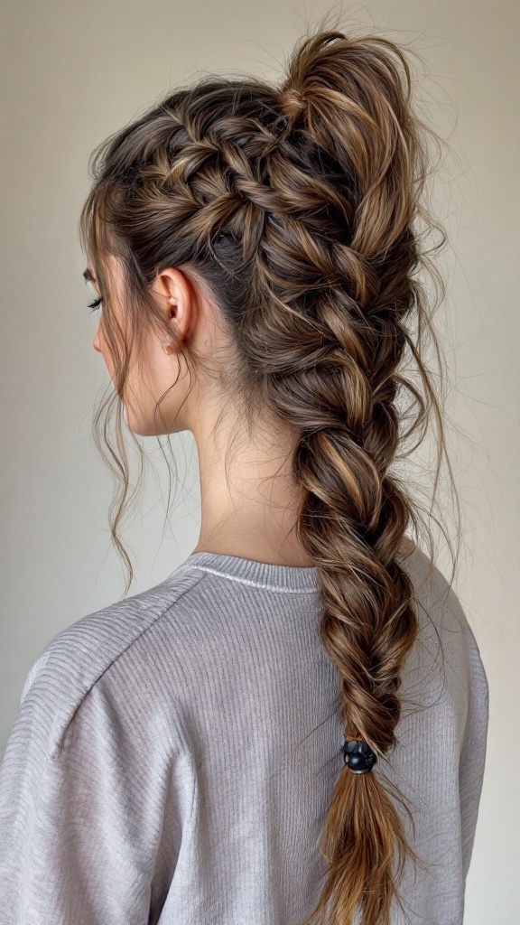 High ponytail hairstyle with a fishtail braid.