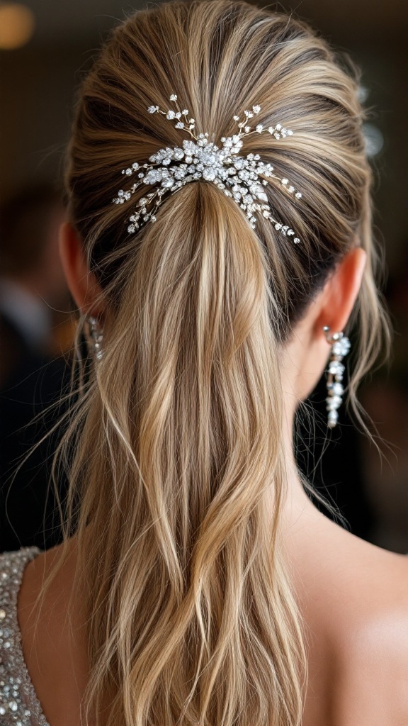 A high ponytail hairstyle adorned with a glittery hair accessory, showcasing elegance.