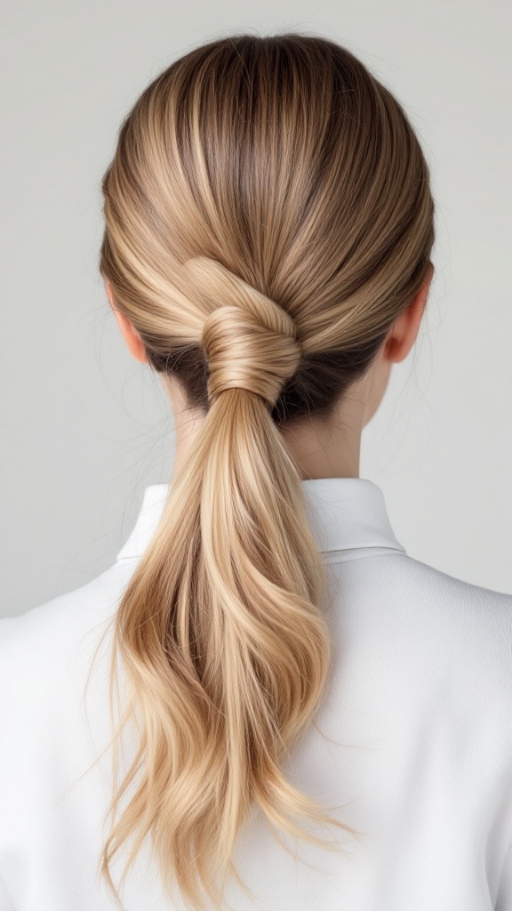 A high ponytail hairstyle with a hair wrap, showcasing a sleek and polished look.