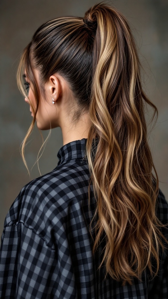 A woman with a high ponytail featuring layered textures, showcasing a stylish and dynamic hairstyle.