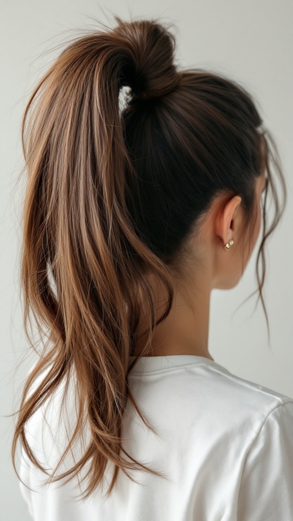 A woman with a high ponytail featuring volume and loose strands, showcasing a stylish hairstyle.