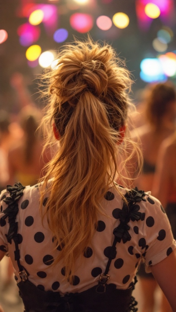 A high textured ponytail hairstyle viewed from behind, featuring volume and loose strands.