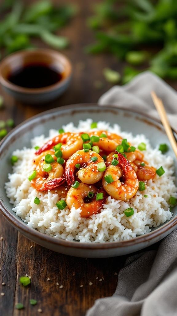 A bowl of honey garlic shrimp over rice, garnished with green onions.