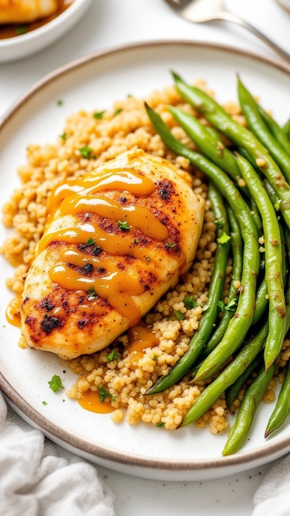 Honey mustard baked chicken served with couscous and green beans.