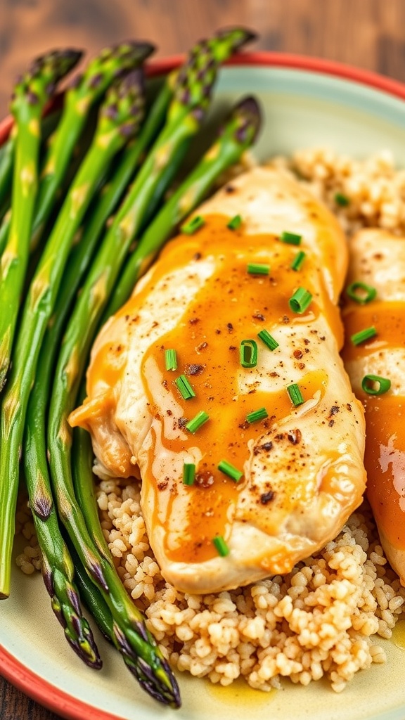 Honey mustard chicken breasts served with asparagus and couscous