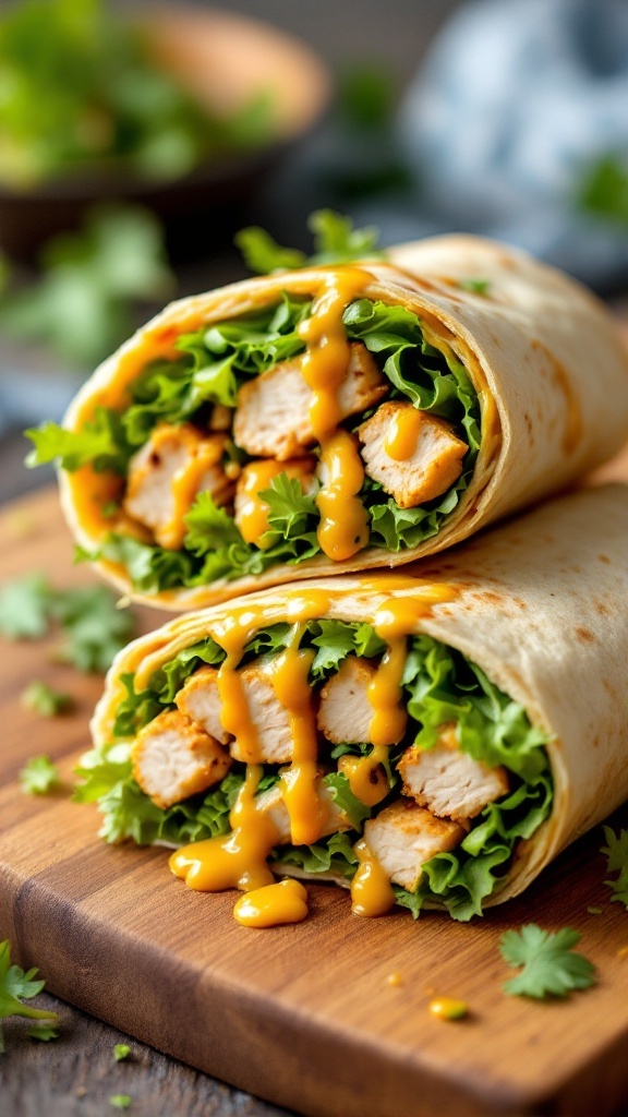 Honey Mustard Chicken Wrap with greens and sauce