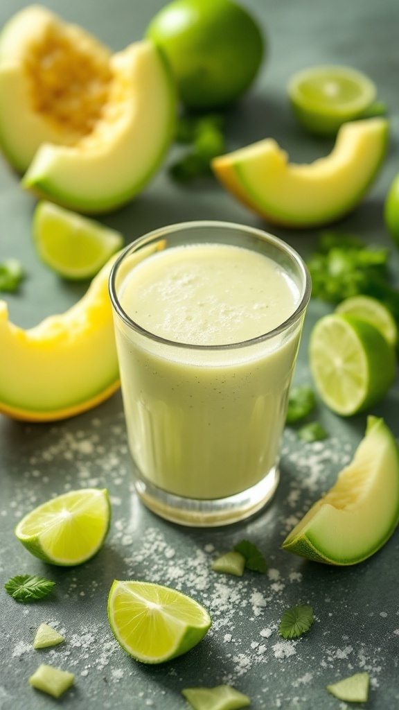 A refreshing Honeydew Melon and Lime Smoothie in a glass surrounded by lime wedges and honeydew slices.