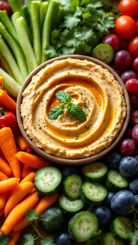 A colorful platter featuring hummus surrounded by an assortment of fresh vegetables like carrots, cucumbers, and cherry tomatoes.