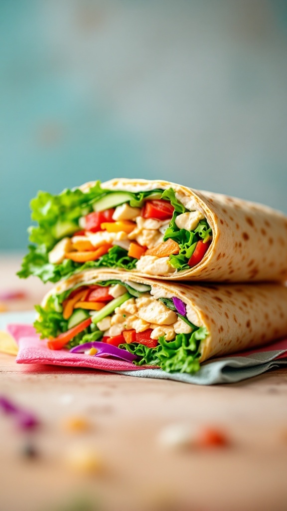 Hummus and veggie wrap filled with fresh vegetables and greens