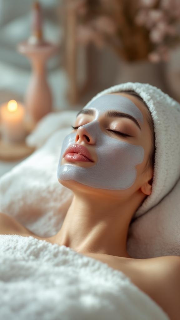 A woman relaxing with a face mask and a serene atmosphere, preparing for a beauty routine.