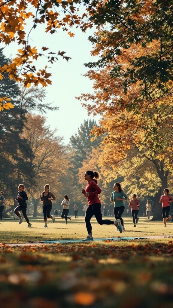 Group of people jogging in a park during autumn