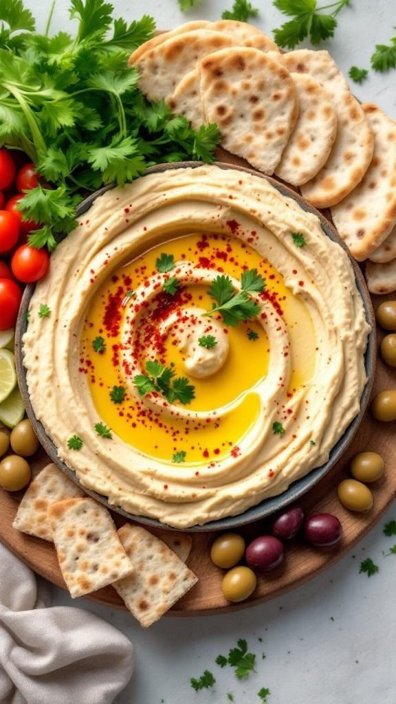 A creamy Mediterranean hummus platter with pita bread, olives, and cherry tomatoes.