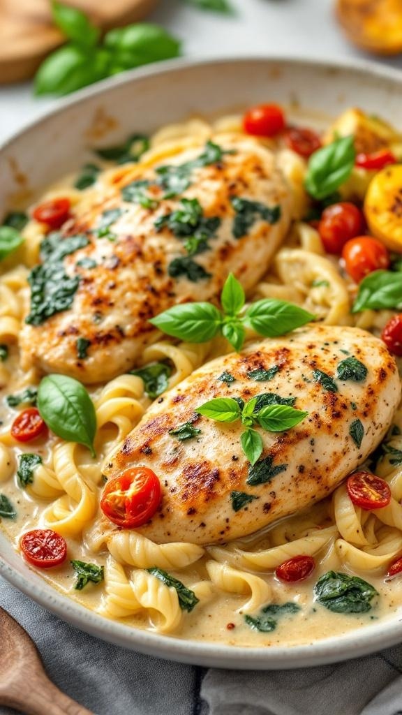 Creamy Tuscan Garlic Chicken with spinach and tomatoes in a skillet