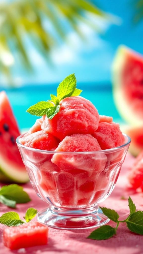 A bowl of watermelon sorbet garnished with mint leaves, surrounded by fresh watermelon slices.
