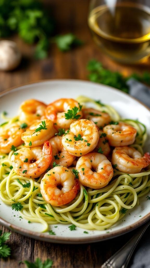 Creamy garlic butter shrimp served on a plate with zucchini noodles and garnished with parsley.