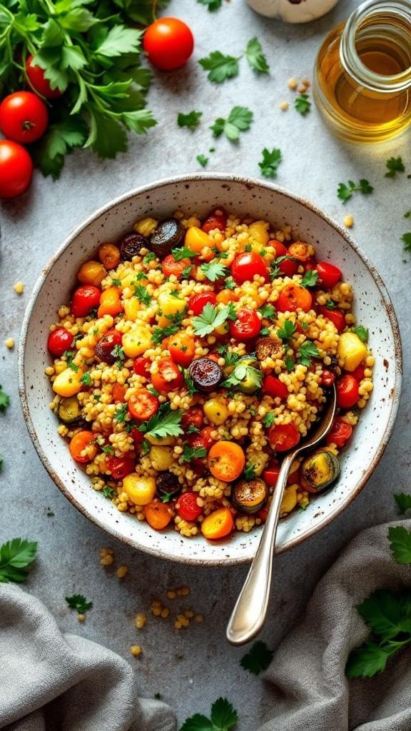A bowl of Mediterranean-style couscous with colorful vegetables, garnished with parsley.