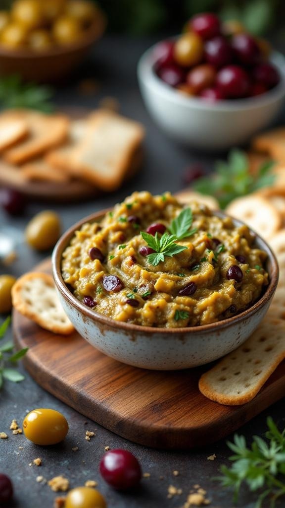 A bowl of olive tapenade served with crackers and olives on a wooden board.