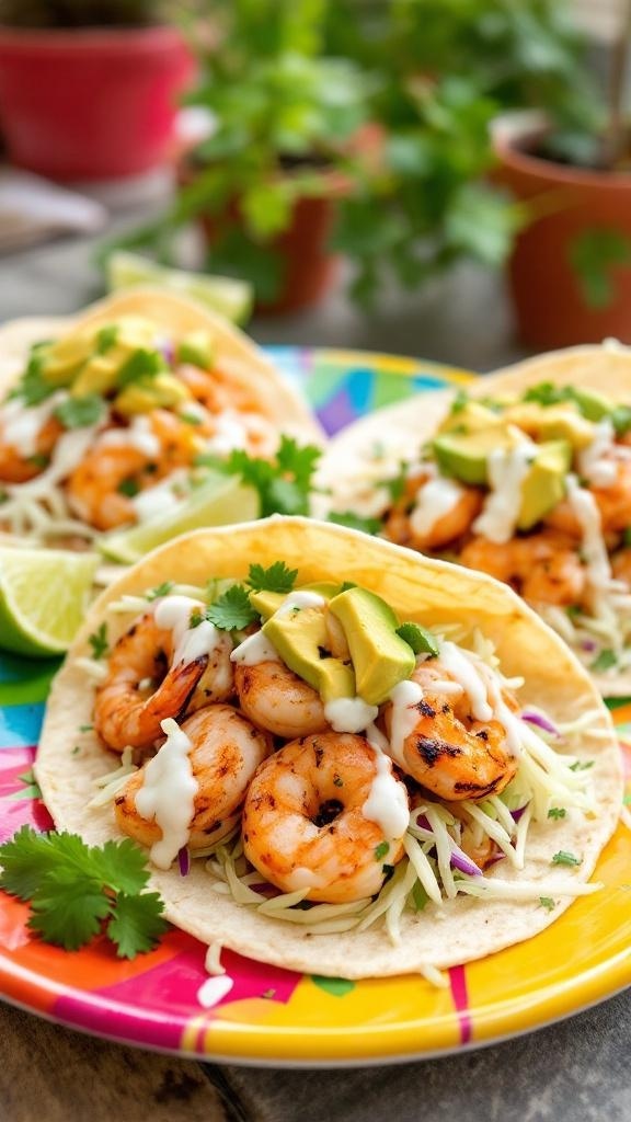 Spicy keto shrimp tacos with avocado sauce on a colorful plate.
