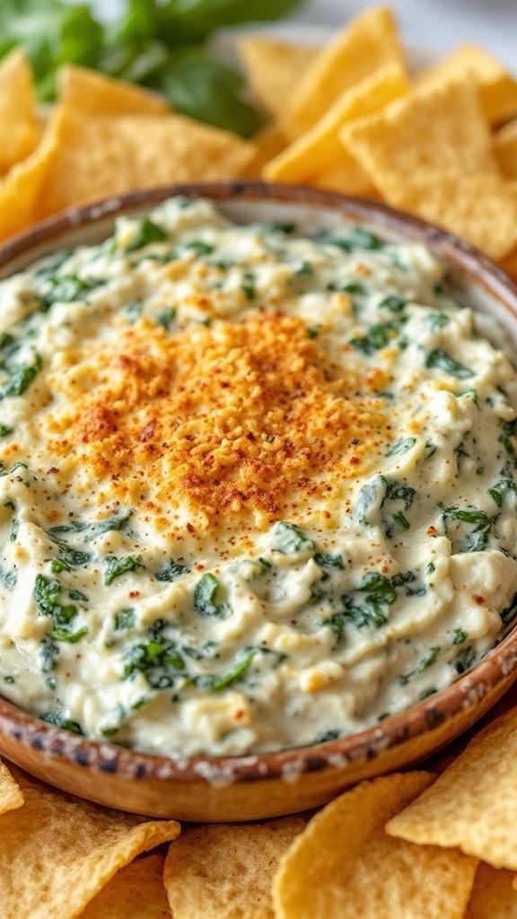 A bowl of creamy spinach and artichoke dip surrounded by tortilla chips.