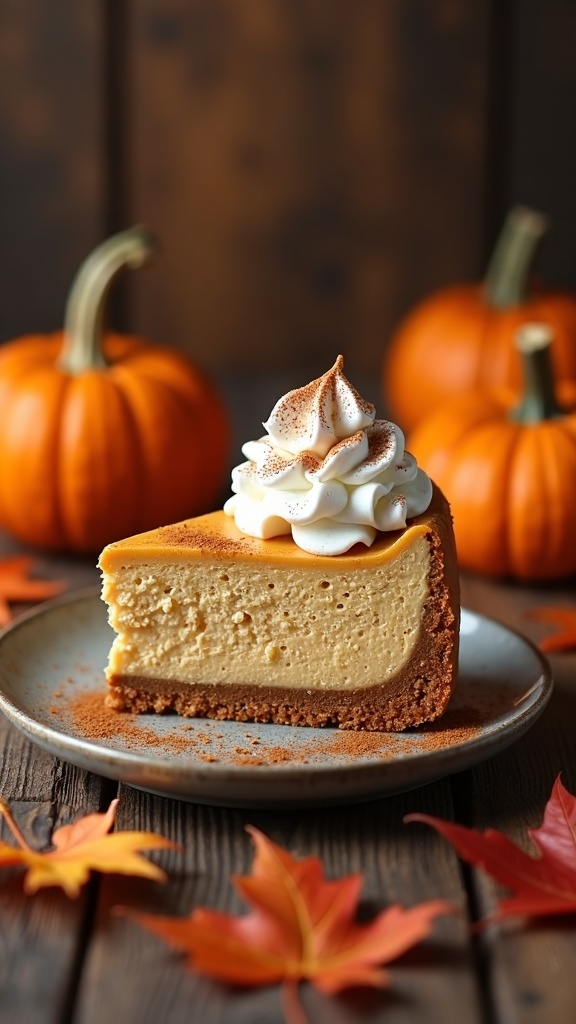 A slice of pumpkin spice cheesecake topped with whipped cream, surrounded by autumn leaves and pumpkins.