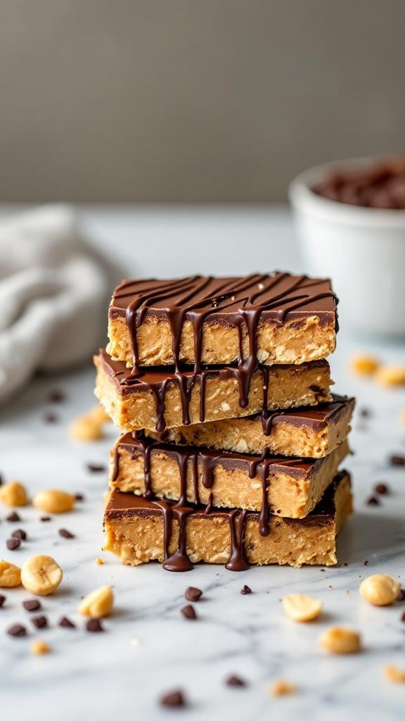 Peanut Butter Chocolate Bars stacked on a marble surface with chocolate drizzle