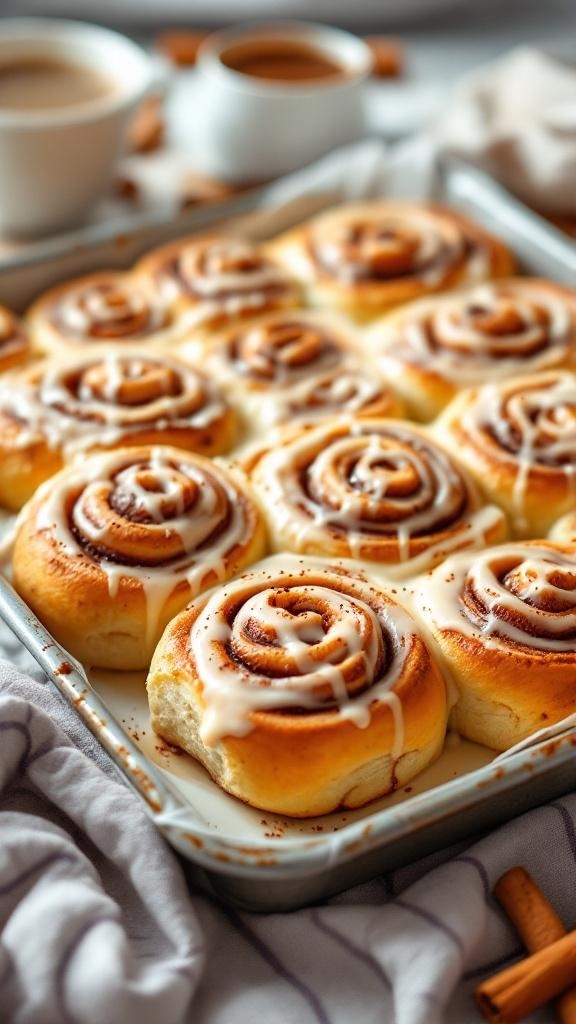 Freshly baked sourdough cinnamon rolls with icing on top