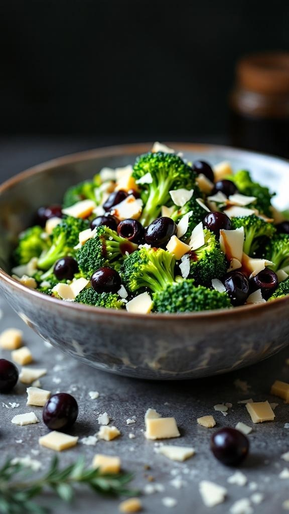 A bowl of Italian broccoli salad with olives and Parmesan cheese.