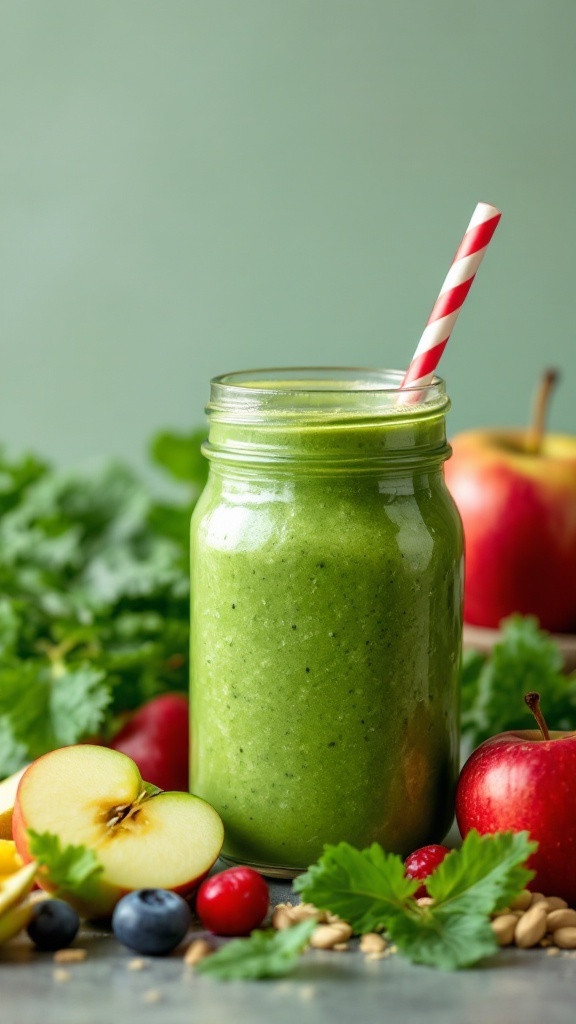 A green smoothie made with kale and apple in a jar with a straw.