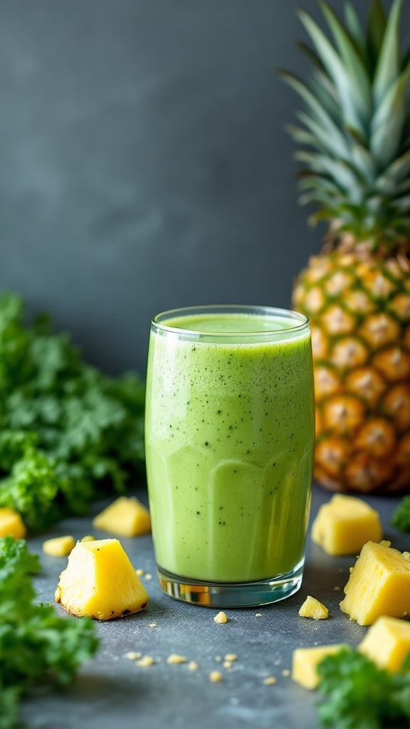 A healthy kale pineapple smoothie in a glass with fresh pineapple and kale surrounding it.