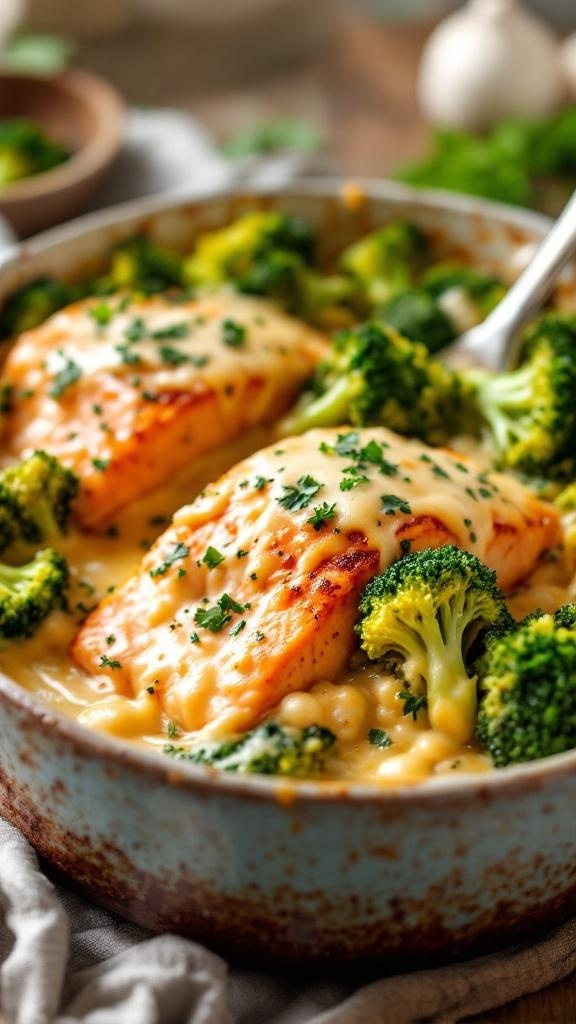 A delicious keto-friendly salmon and broccoli bake with creamy cheese sauce.