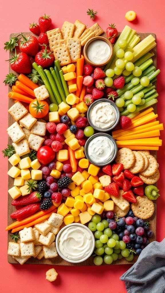 A colorful kids' snack board featuring fruits, vegetables, cheese, and dips.