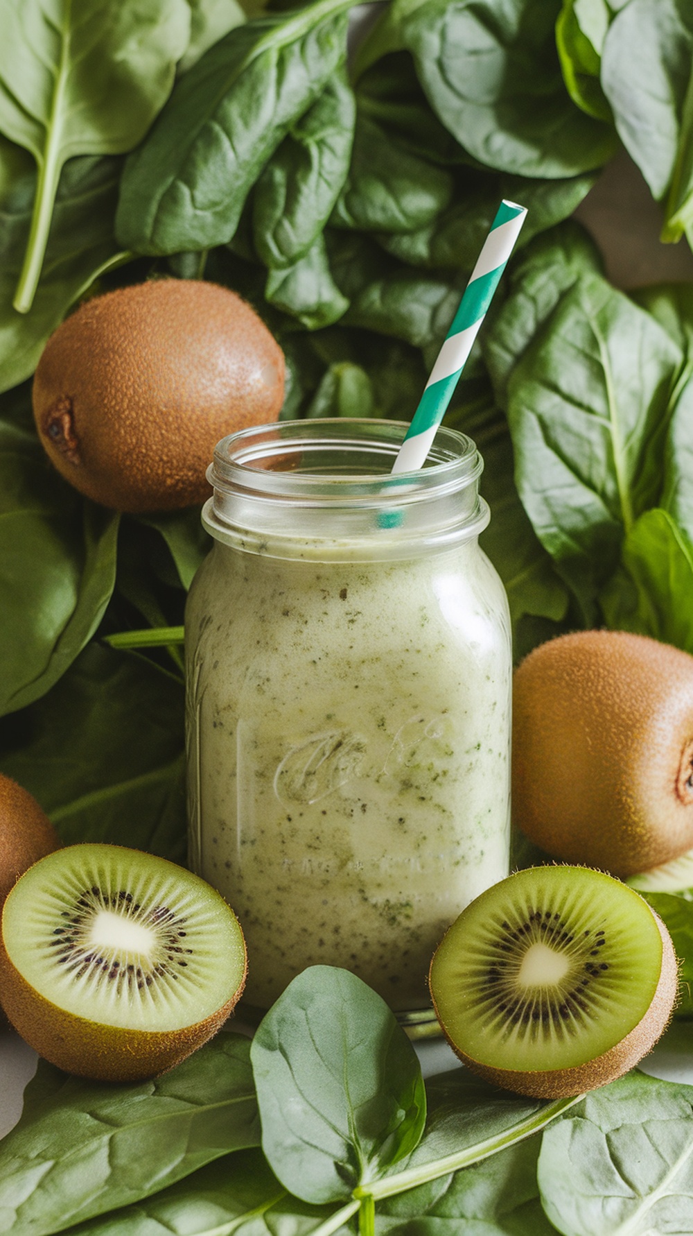 A refreshing kiwi and spinach smoothie in a jar with a striped straw, surrounded by fresh spinach and kiwi fruits.