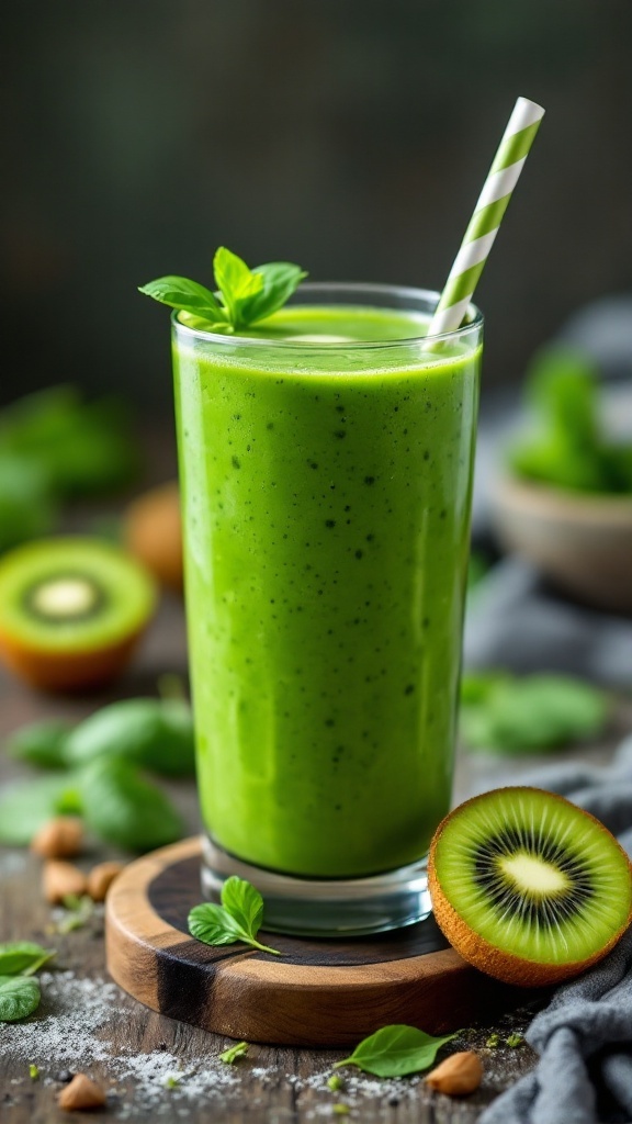 A refreshing Kiwi and Spinach Smoothie in a glass with a straw and a sliced kiwi beside it.