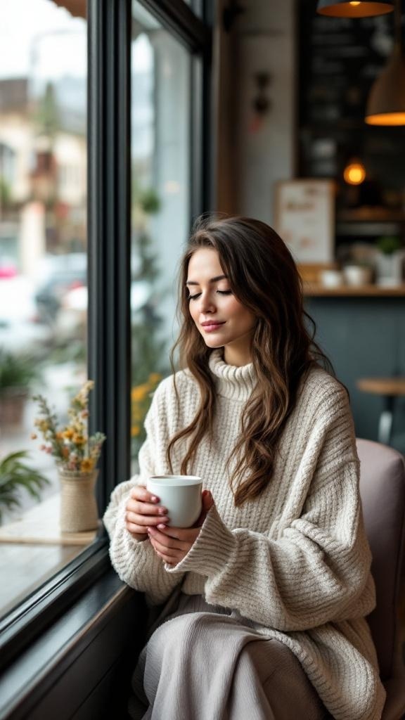 A woman sitting by a window, wearing a cozy knit sweater and a midi skirt, holding a cup of coffee.